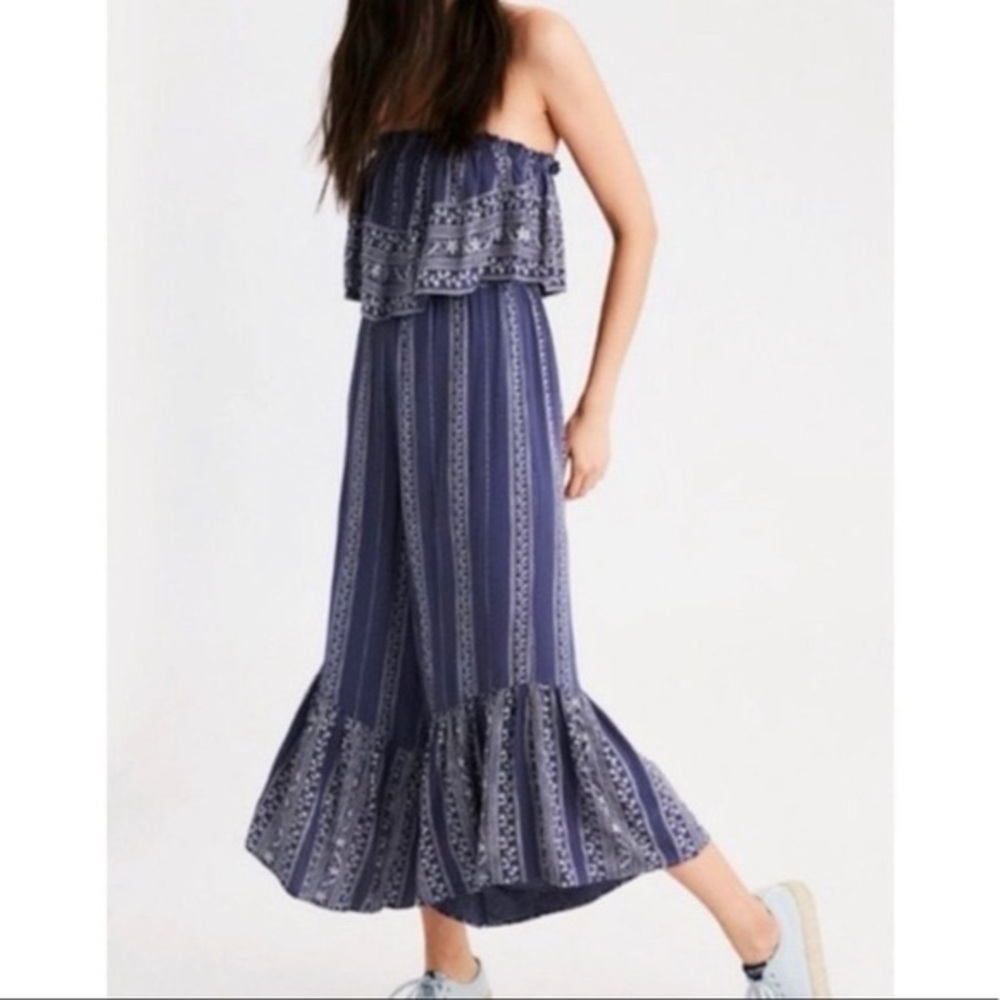 Blue Strapless Jumpsuit with Patterned Details